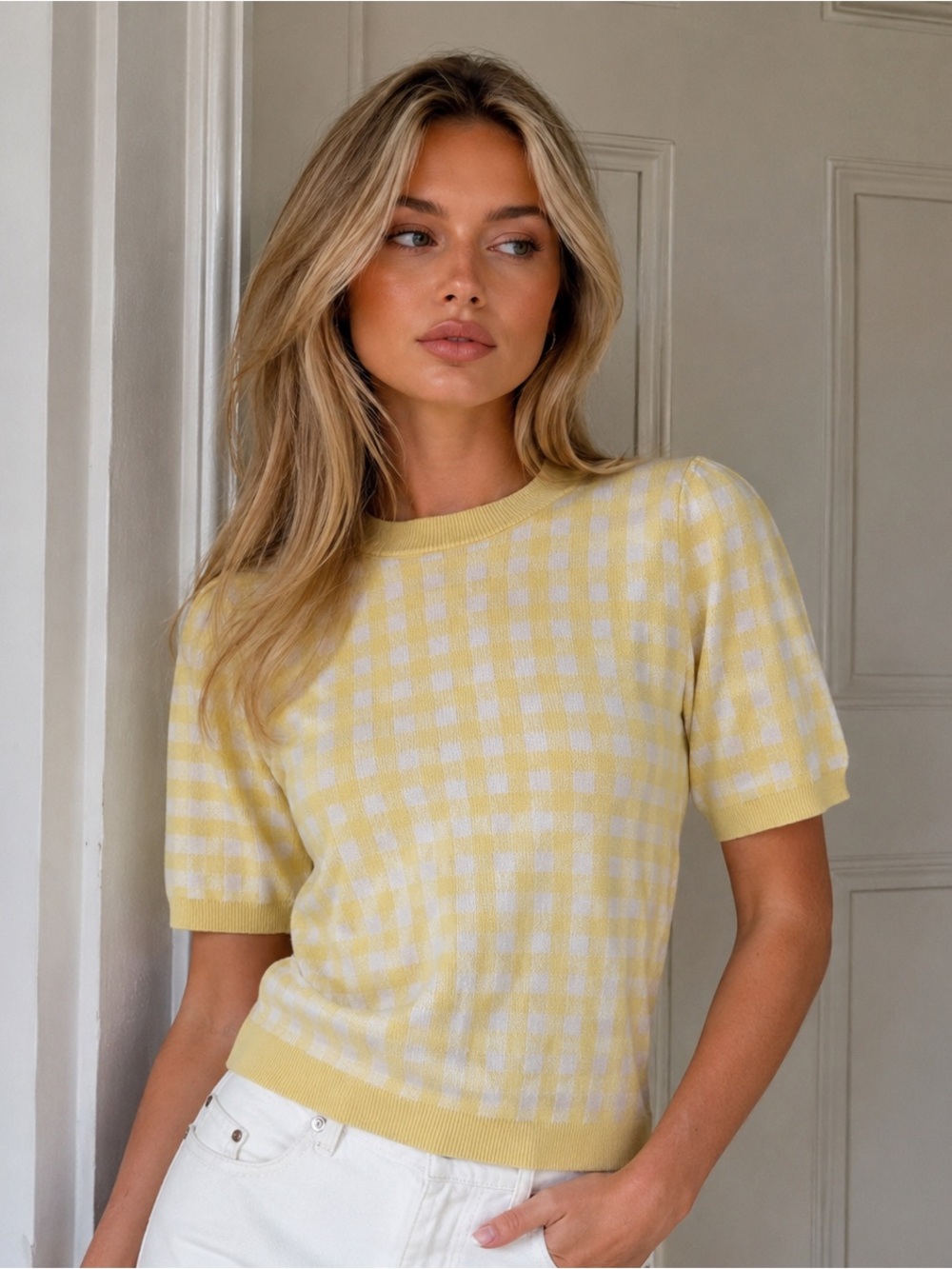 Sugar + Lips Yellow Gingham Knit Top Women’s M